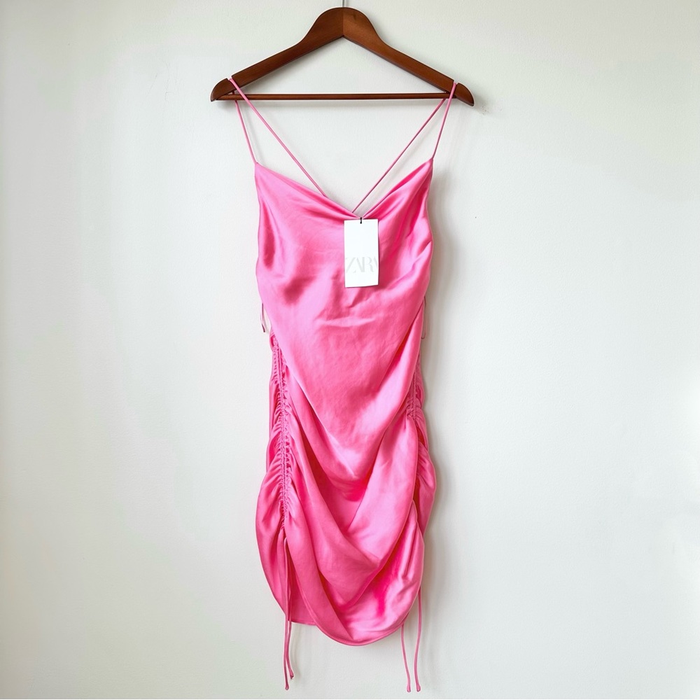 ZARA | NWT SEXY DRAPED SATIN EFFECT DRESS RUCHED TRF (HOT PINK) CRISS CROSS